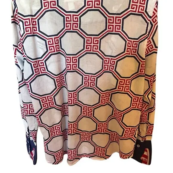 TIZZIE Women’s 100% Cotton Collared Long Sleeve Red White Blue Top Blouse Size M - Picture 10 of 12